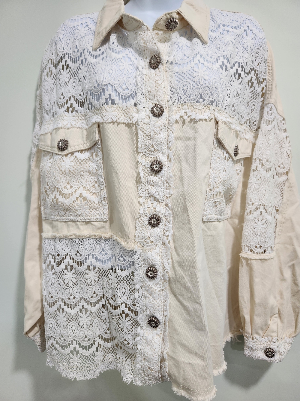 POL Cream Lace-Panel Jean Jacket